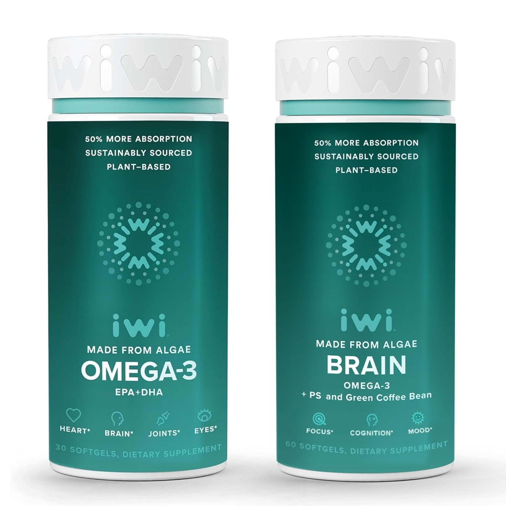 Iwi Omega-3 & Brain Omega-3 Sche, 30 Hizmet, Vegan Plant-Based Algae Omega 3 with EPA + DHA, Krill & Fish Oil Alternative, No Fishy Aftertaste