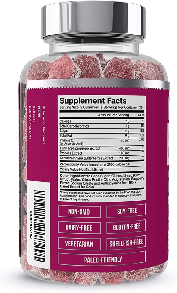 Yetişkinler için Temel Elements Elderberry Gummies - 4-in-1 Immune Support Formula with Sambucus nigra, Vitamin C, Echinacea, Propolis Extract 60 Count