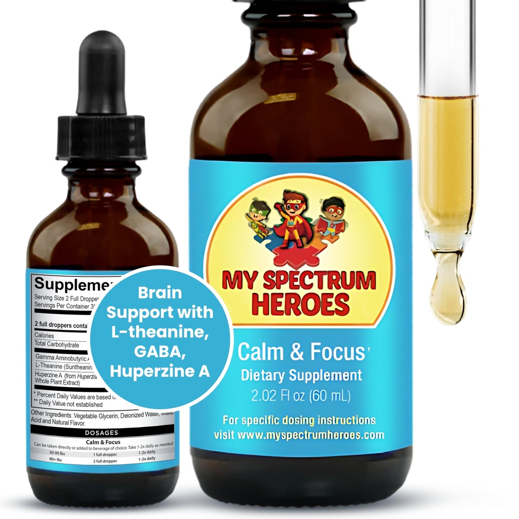 My Spectrum Heroes Calm & Focus Supplement Drops - L-theanine, GABA, Huperzine A - Çocuklar veya Yetişkinler için geliştirilmiş Focus - Çocuklar ve Gençler için İyileştirme - 2.02 FL oz. (60 ml)