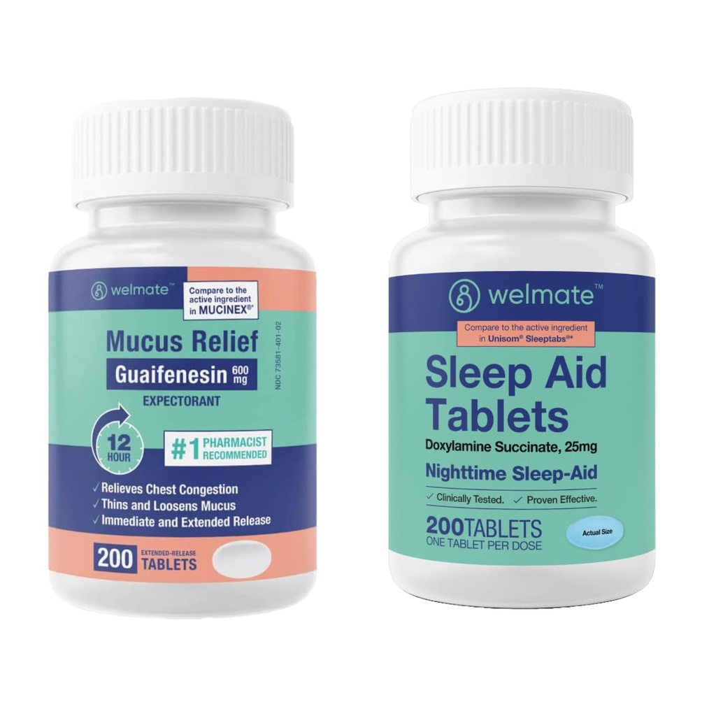 WELMATE Nighttime Wellness Sche: Mucus Relief Guaifenesin 600 mg Mucus Relief (200 Ct) & Doxylamine Succinate 25 mg Sleep Aid (200 Ct) | Genişletilmiş Uyku Yardımı