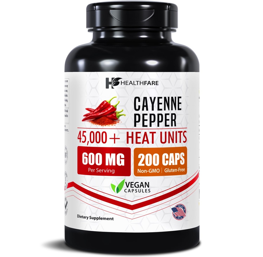 HealthFare Cayenne Pepper Capsules 600 mg | 200 Vegan Pills | 45,000 Heat Birimleri (HU) | Cardiovascular, Circulation & Digestive Support | High Potency Herbal Ekstraksiyon | Non-GMO, Gluten-Free | Made in USA