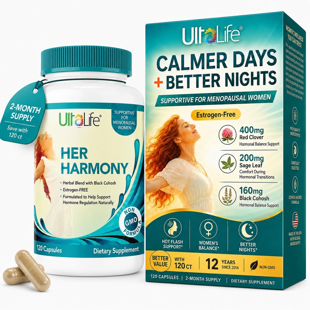 UltaLife Her Harmony Menopause Supplements for Women - Hot Flashes Menopause Relief & Hormon Balance for Women - Contains Black Cohosh, Dong Quai, Red Clover & More - Estrogen Free - 120 Capsules