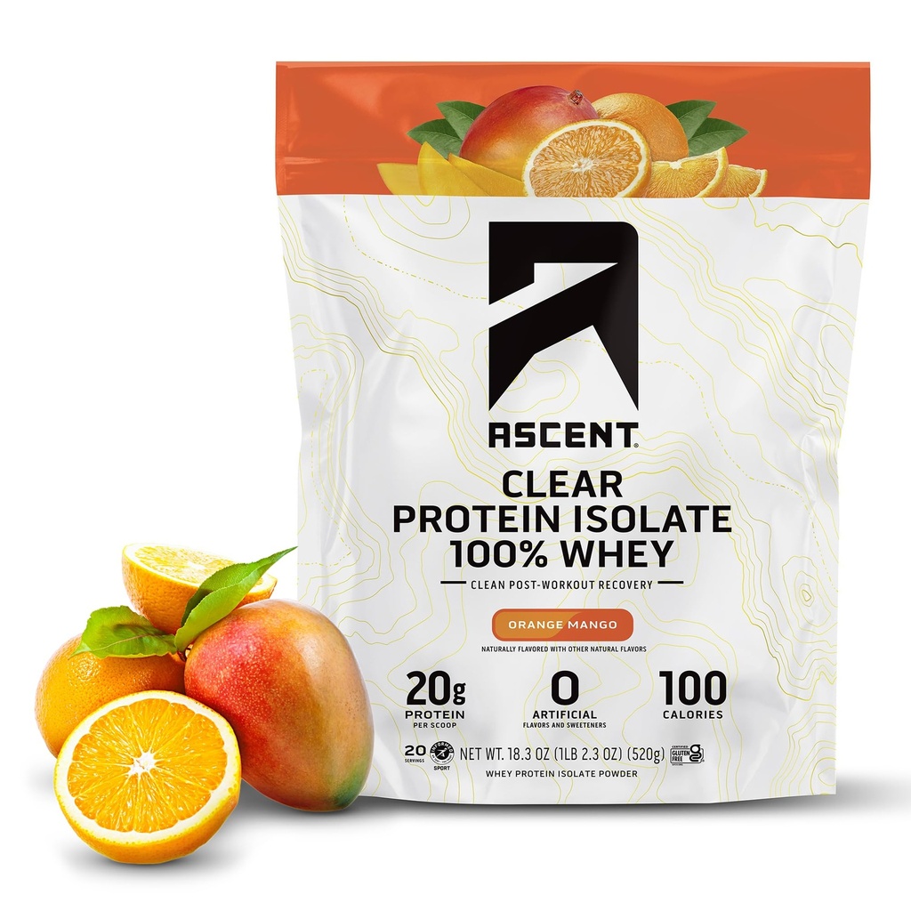 Yüzde 100 Clear Whey Protein Tozu - Post Workout, Zero Yapay Flavors & Sweeteners, Gluten Free, 5.5g BCAA, 2.1g Leucine, Essentials, Orange Mango, 20 Hizmetler