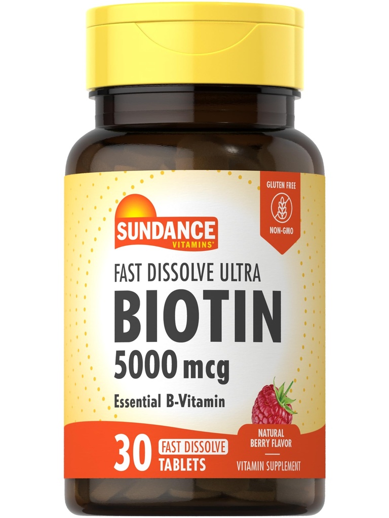 Sundance Fast Dissolve Biotin 5000mcg | 30 Tabletler | Essential B-Vitamin | Natural Berry Flavor | Vegetarian, Non-GMO, and Gluten Free Supplement Supplement Supplement