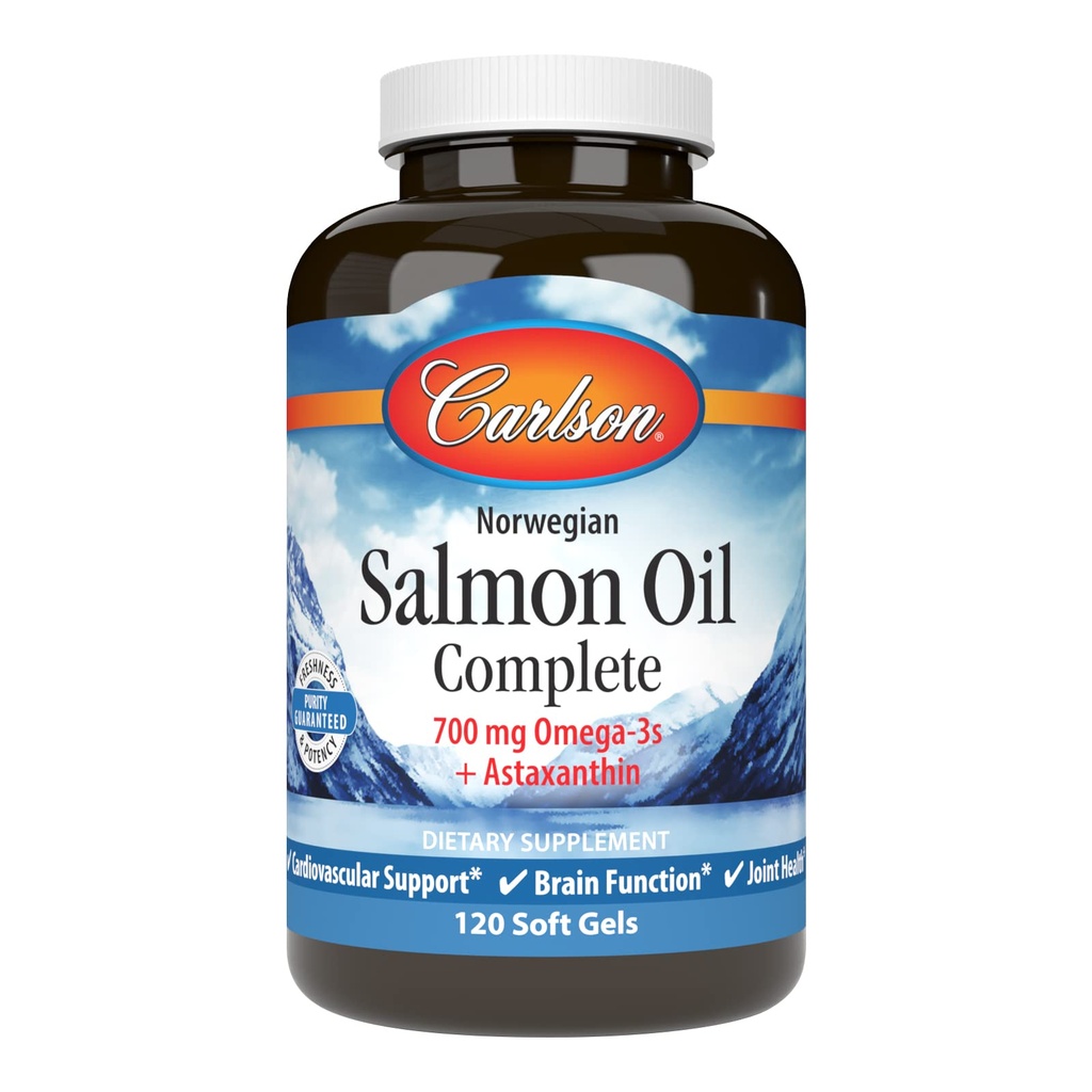 Carlson - Salmon Oil Tamam, 700 mg Omega-3s + Astaxanthin, Cardiovascular Destek, Beyin Fonksiyonu ve Ortak Sağlık, 120 yumuşak jel