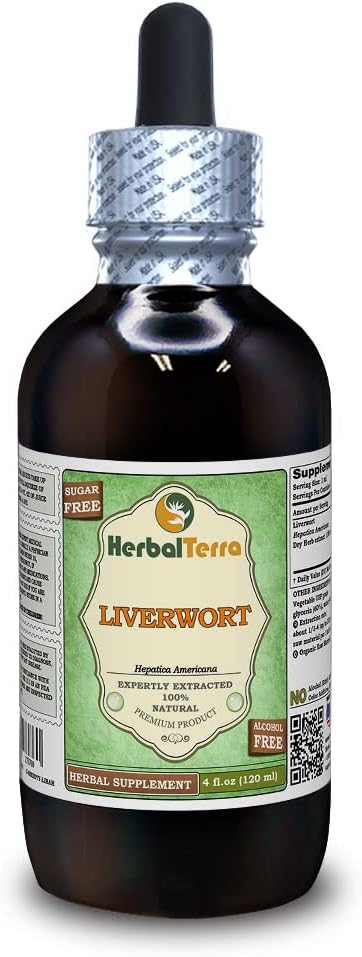 Liverwort (Hepatica Americana) Glycerite, kuru Herb Alkol Özgür Sıvı Ekstraksiyon (Brand Name: HerbalTerra, Proudly Made in USA) 4 fl.oz (120 ml)