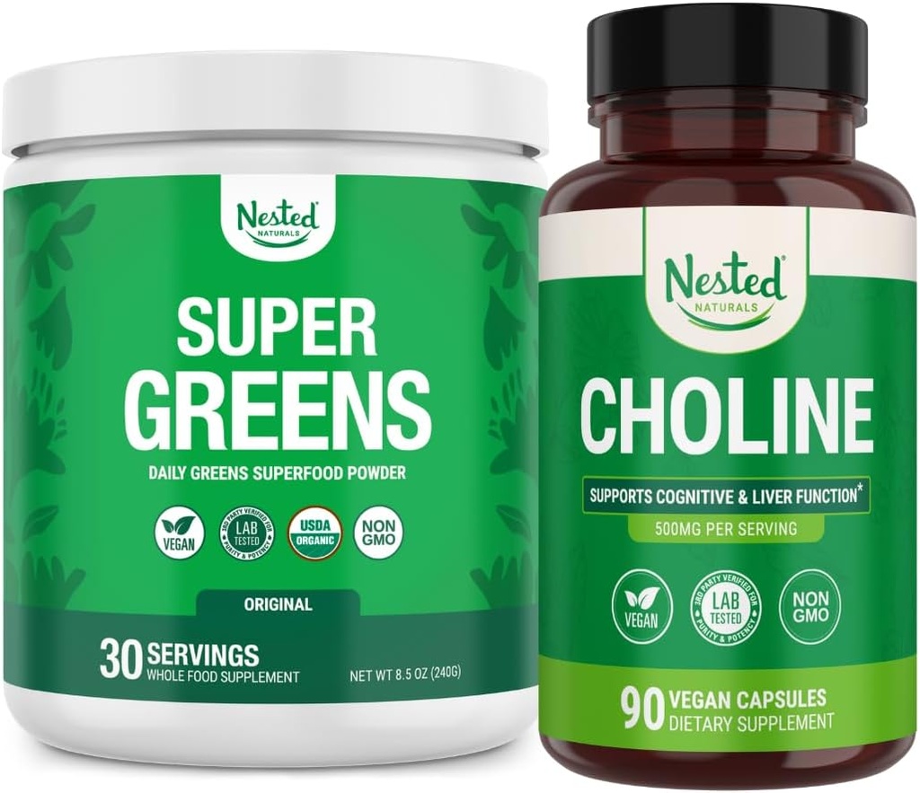 Nested Naturals Super Greens & Choline Sche | Superfood Toz with Probiyotiks & Fiber & Choline Bitartrate for Cognitive Function & Clean Energy
