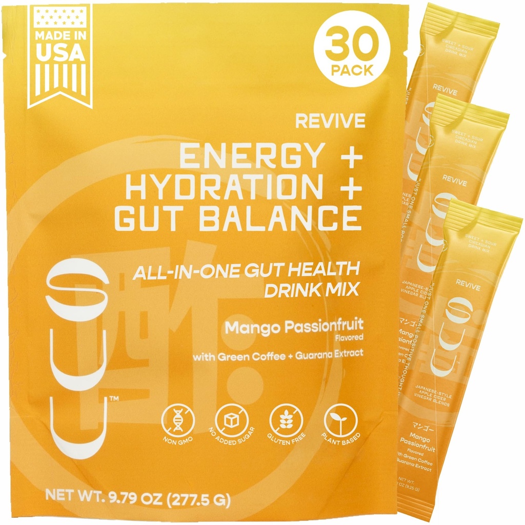 Revive Gut Health Drink Mix|Apple Cider Vinegar Prebiotics,Probiotics Gut Health for Women & Men|Green Coffee,Guarana|Supports Digestive Health, Energy & Hydration|Mango Passionfruit,30 Servings