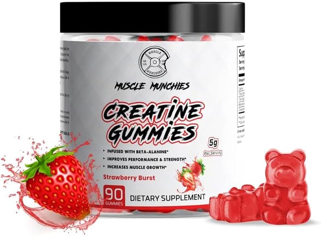 Kas Munchies Tinatine Chewable Gummies for Men & Women-Infused with Beta Alanine-5g of Kretine Per Service-Increas Strength, Endurance, & Recovery-Vegan, NonGMO (Strawberry Burst)