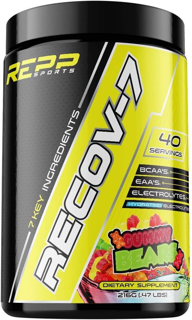 REPP Sports Recov-7 Full Spectrum EAAs and BCAAs | Advanced Recovery and Glycogen Replenishment for Intra-Workout (Gummy Bear, 40 Hizmet (216g)