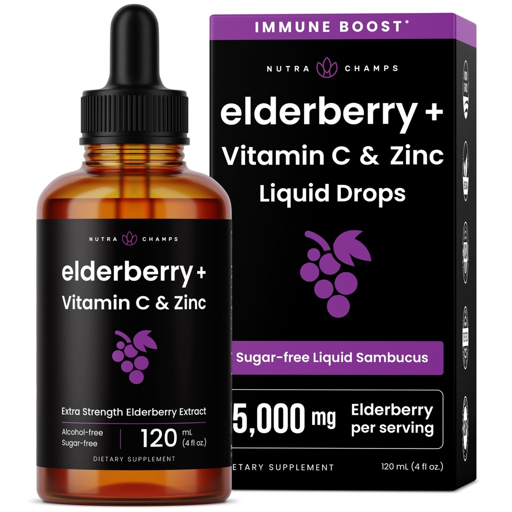 NutraChamps Organik Elderberry Syrup - 5000 mg C & çinko ile Yaşlılık - Siyah Yaşlı Sıvı Ödevleri - Sugar-Free Immunity Alert, Vegan, Gluten-Free