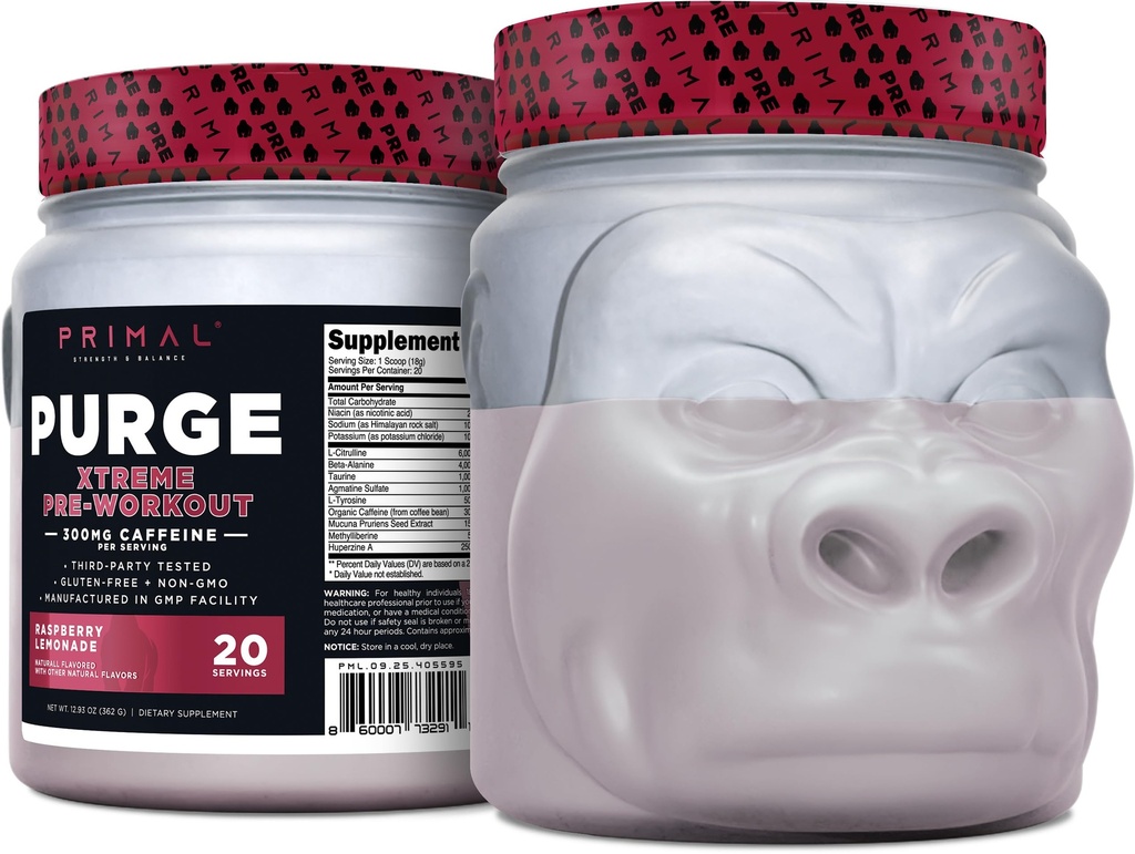 Primal Purge Xtreme Pre-Workout (Raspberry Lemonade Flavor) (20 hizmet) - Gluten-Free + Non-GMOMO