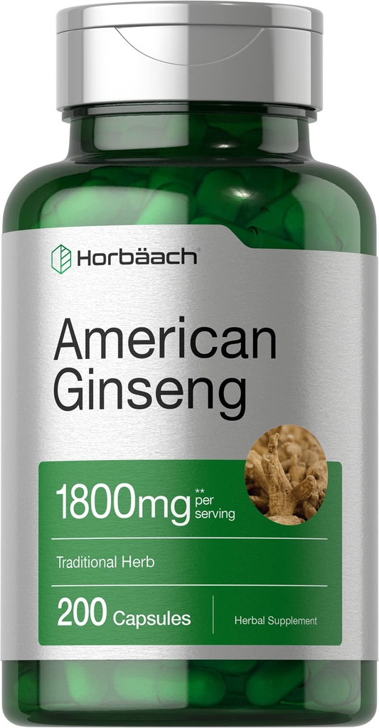 Horbäach American Ginseng Capsules | 1800 mg | 200 Count | Non-GMO, Gluten Free Supplement | Ginseng Kompleksi Kompleks