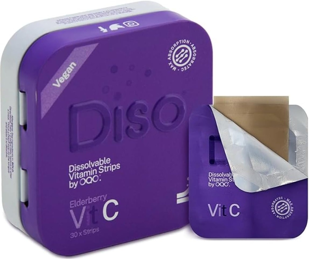 DISO - Vitamin C - Fast-Dis deploy Oral Strips, Elderberry Flavor, Boosts Immunity, Vegan, Zero Sugar, maximum Abxia, Gluten Free, Bireysel olarak sarsıldı 30 Dissolvable Strips