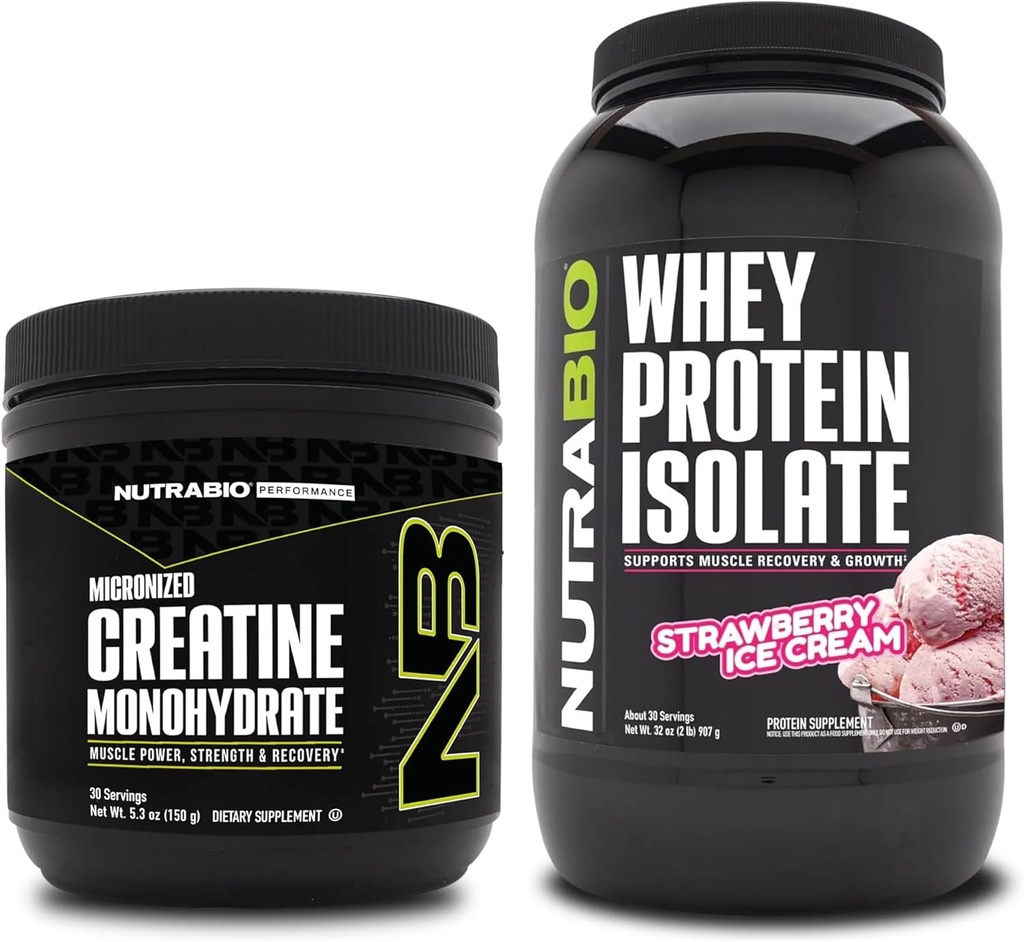 NutraBio Kretine Monohidrat, Unflavored, 150g ve Whey Protein Isolate, Strawberry Ice Cream, Supplement Sche - Muscle Energy, Lean Muscle growth, Recovery, and Strength