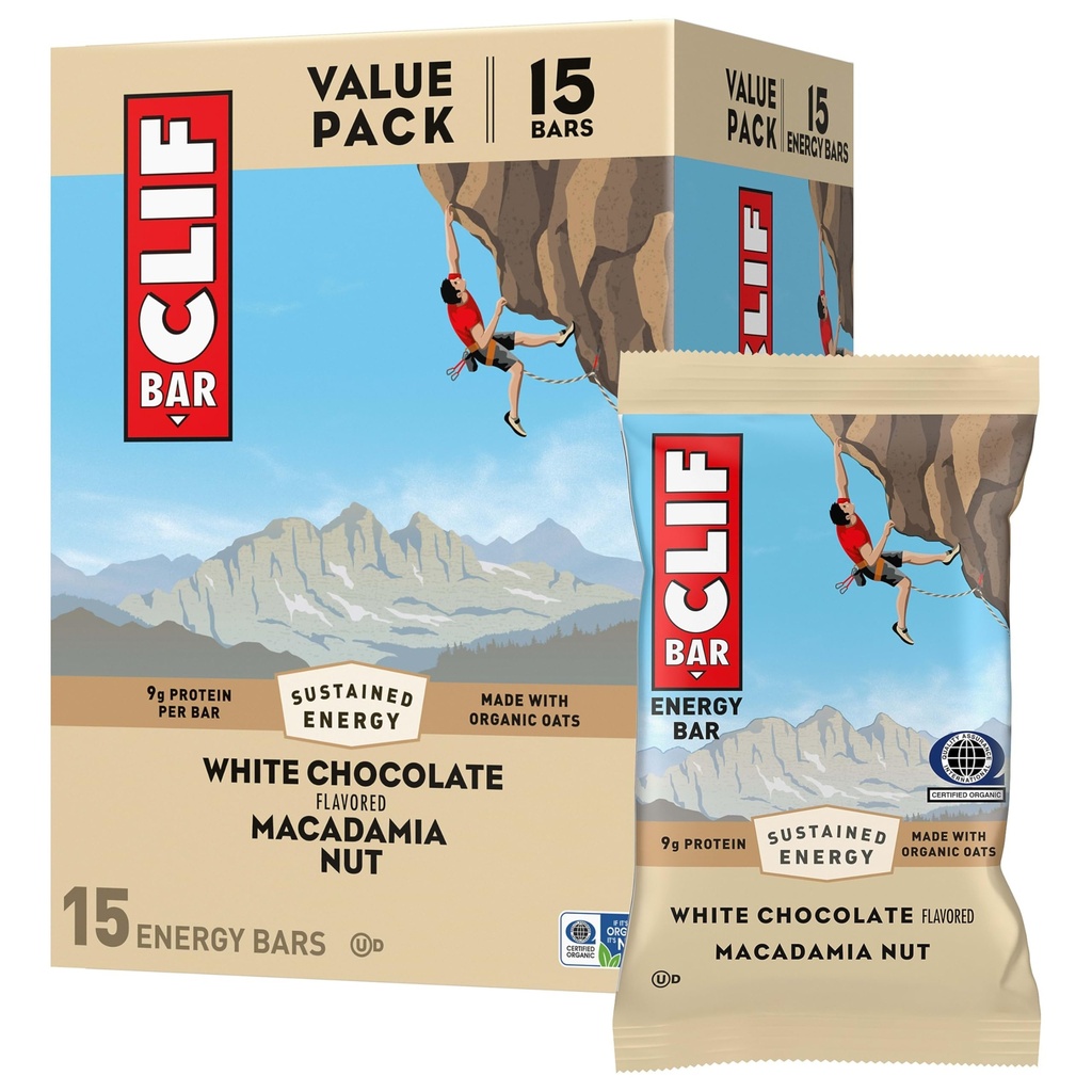 CLIF BAR - Enerji Protein Barları - Beyaz Çikolata Macadamia Nut - Organik Oats - Enerji Barları - Non-GMO - (15 Pack)
