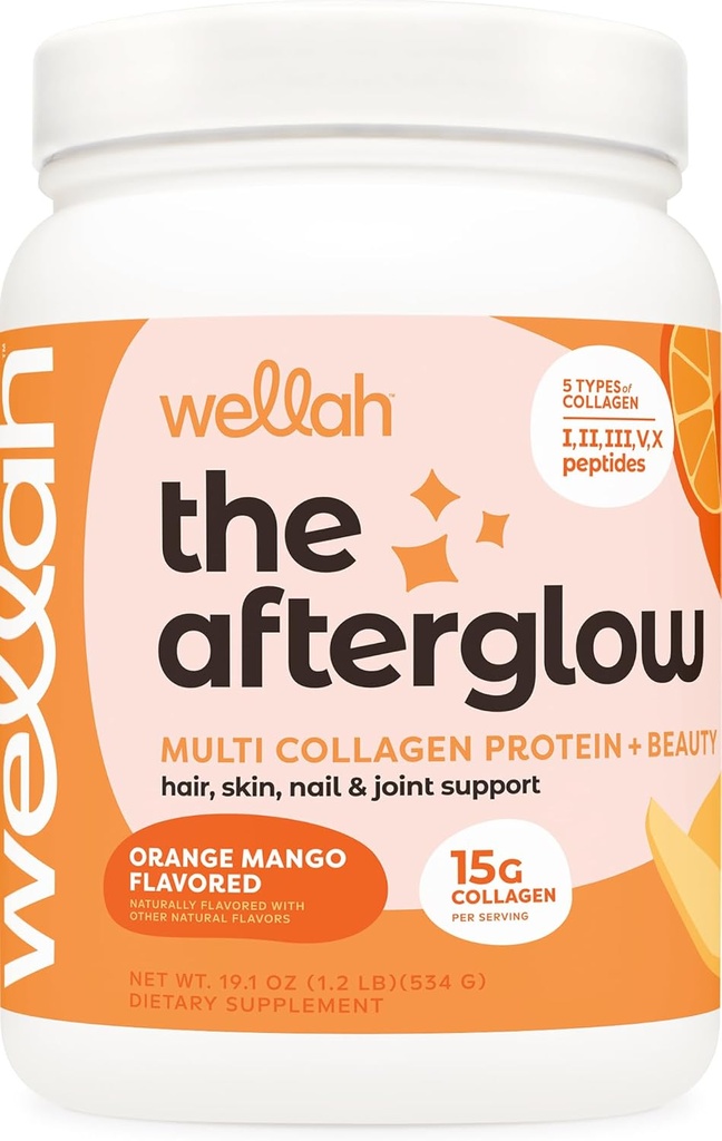 Wellah The Afterglow Multi Collagen protein + Güzellik (30 hizmet, Orange Mango) - Saç, Skin, Nail & Ortak Destek - Non-GMO ve Gluten Ücretsiz
