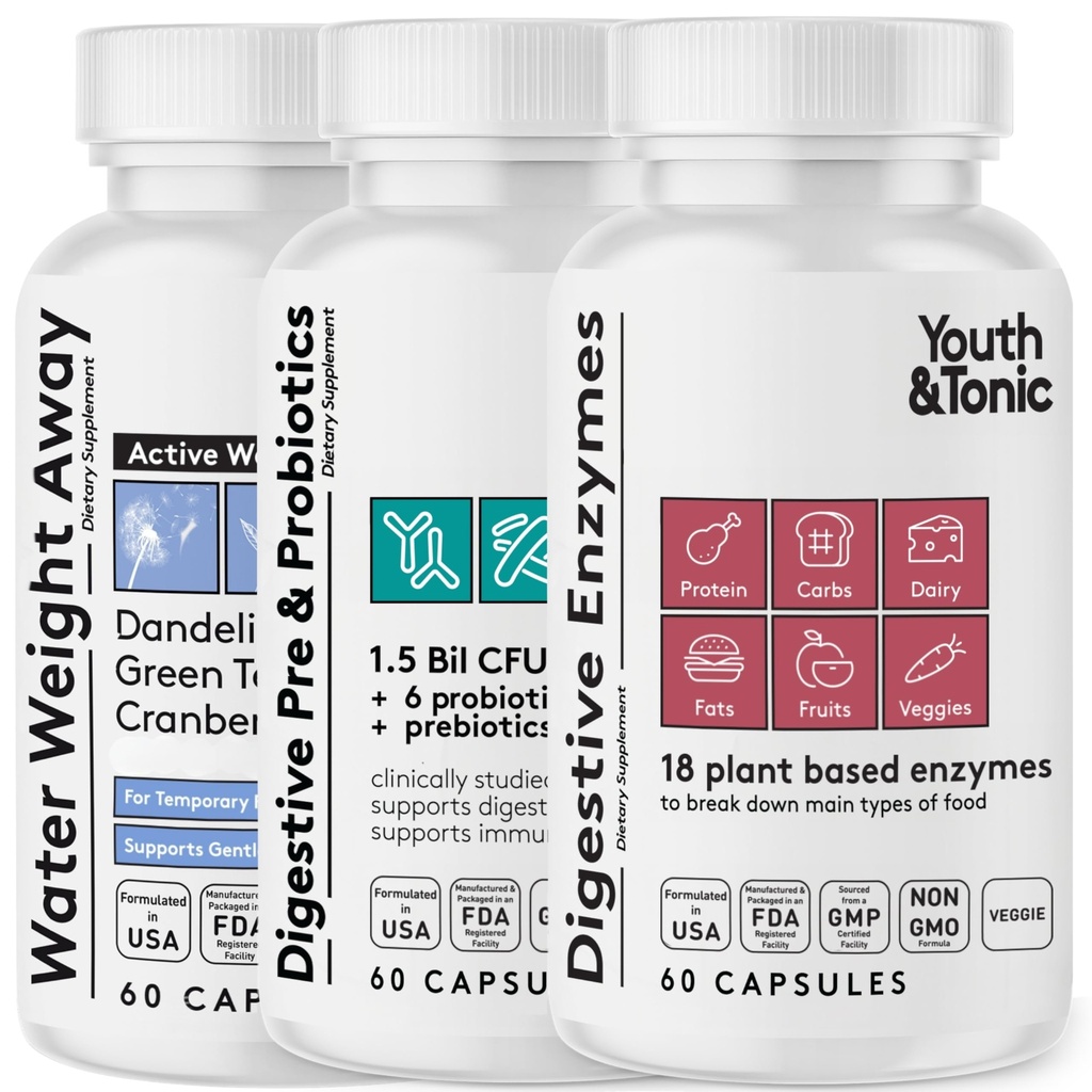 Gençlik ve Tonic Bloating Relief with Pre and Probiyotiks for Water Retention, Occasional Constipation, or Food Digestion with Water Pills and Digestive Enzymes