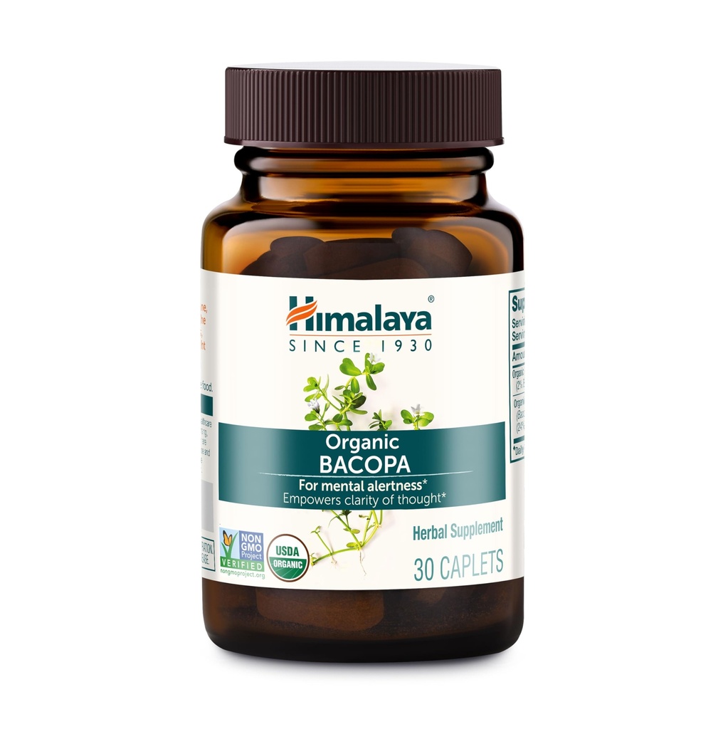 Himalaya Organik Bacopa - Bacopa Monnieri Herbal Brain Supplements for Memory and Focus Support - USDA Organic, Vegan, Non-GMO, Gluten Free, 750 mg, 30 Caplets