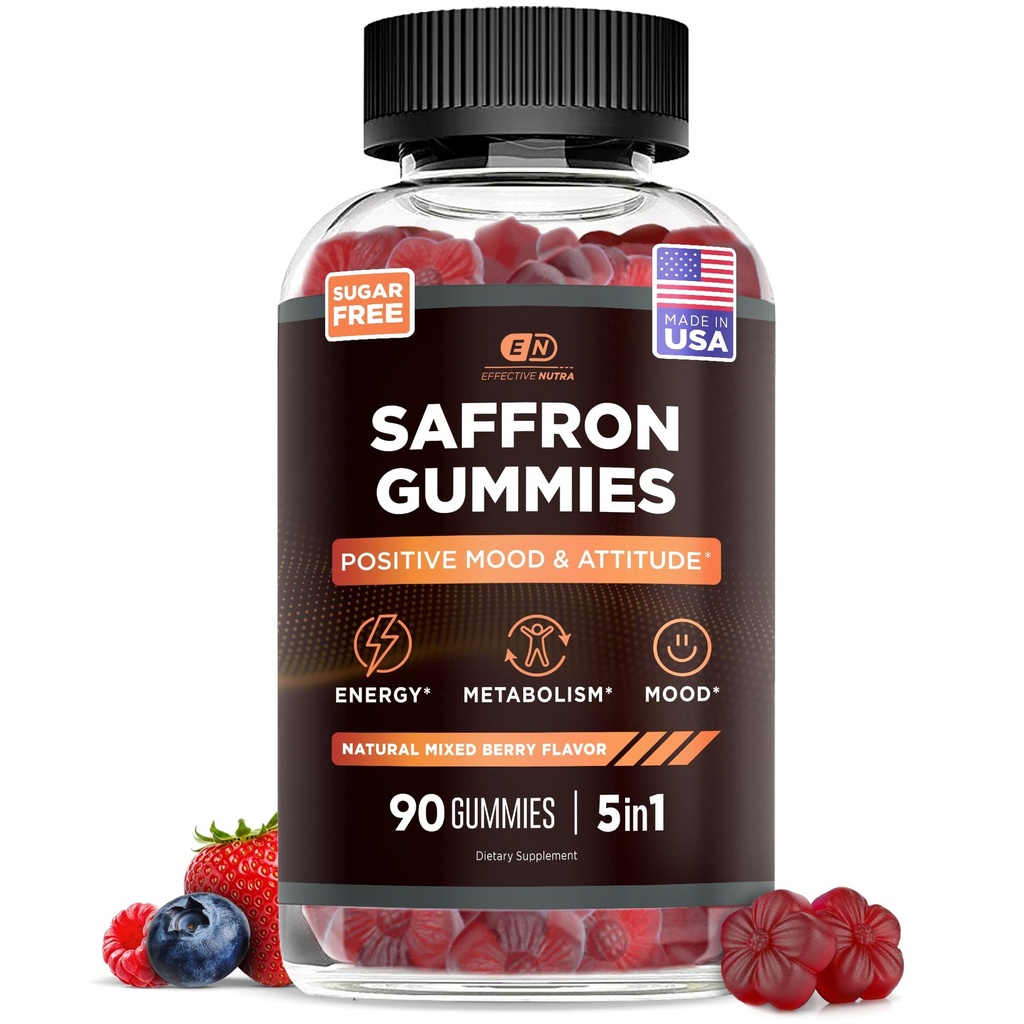 EFFECTIVE NUTRA Saffron Gummies | Sugar-Free Supplement with Vitamin D2, Passion Flower, St. John's Wort & GABA | Olumlu Mood, Digestion, Energy | Natural Berry Flavor, Made in USA (90 Count)