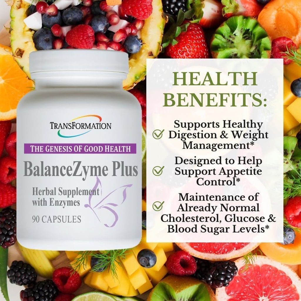 TRANSFORMATION THE GENESIS OF GOOD HEALTH BalanceZyme Plus for Women & Men, with Garcinia Cambogia and Enzyme Blends for Healthy Digestion, Gut Health, 90 Capsules