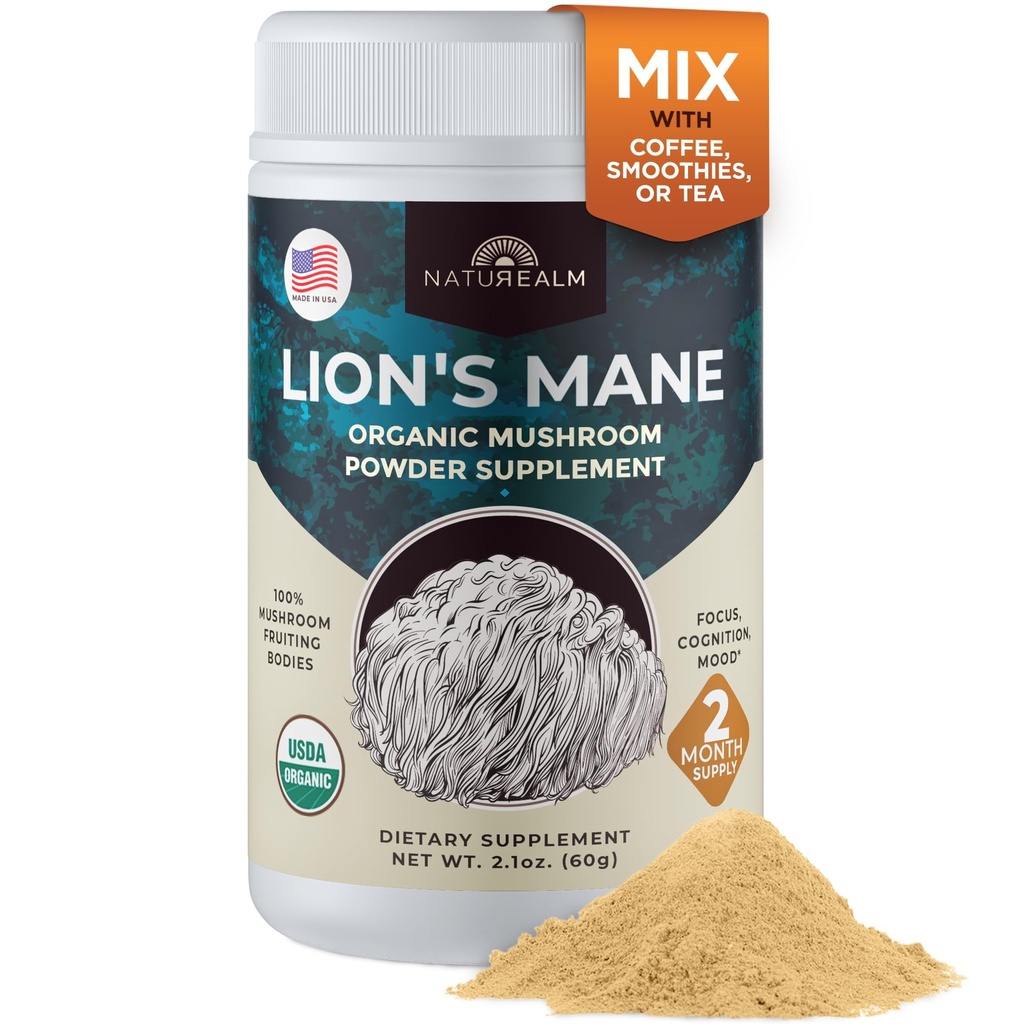 Naturealm Lion's Mane Mushroom Toz - Focus Memory mental Clarity için Organik Beyin Desteği - GMO Bilişsel Fonksiyonl - 60 Hizmet