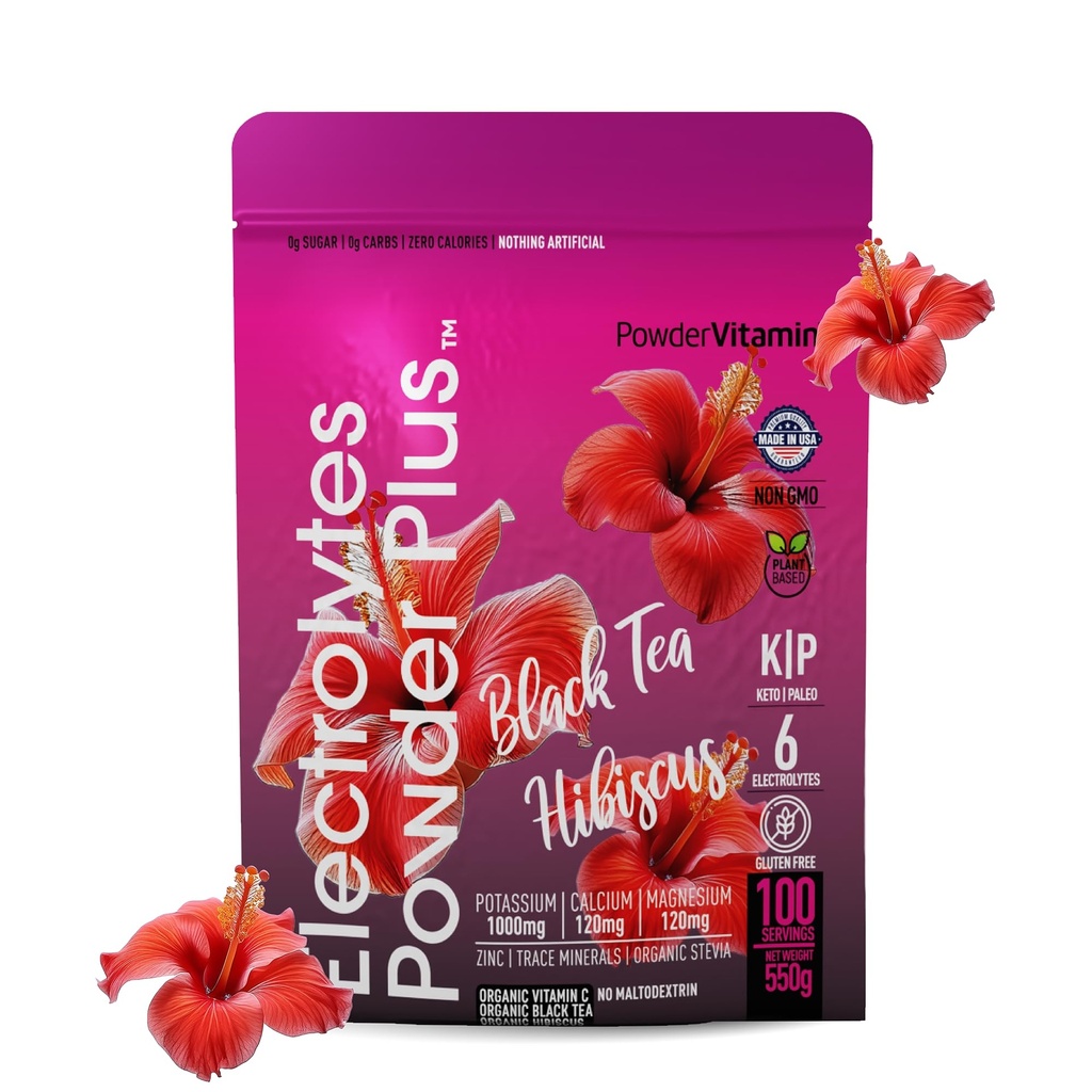 TozVitamin Electrolytes Toz Plus (100 Hizmet) Black Tea Hibiscus Electrolyte Toz Keto, Sugar Free, Pink Himalaya Salt,1000 mg Pyum,120mg,120 mg Pyum, Hydration Toz,120 mg
