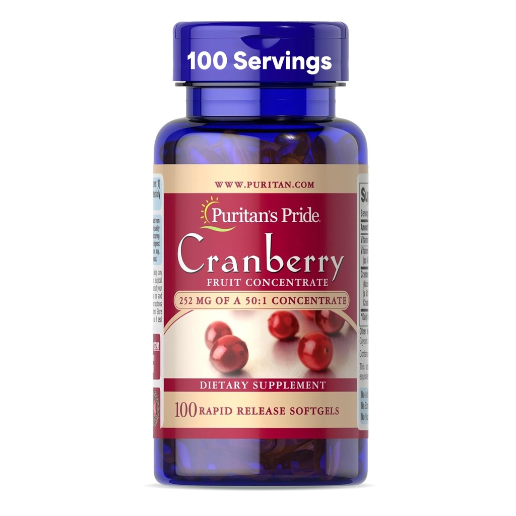 Puritan's Pride Premium Cranberry Fruit Inter 252 mg (12,600 mg Eşdeğer) C ve E, Diyetsel Supplement for Immune System Support, 100 Hızlı Yayın Softgels