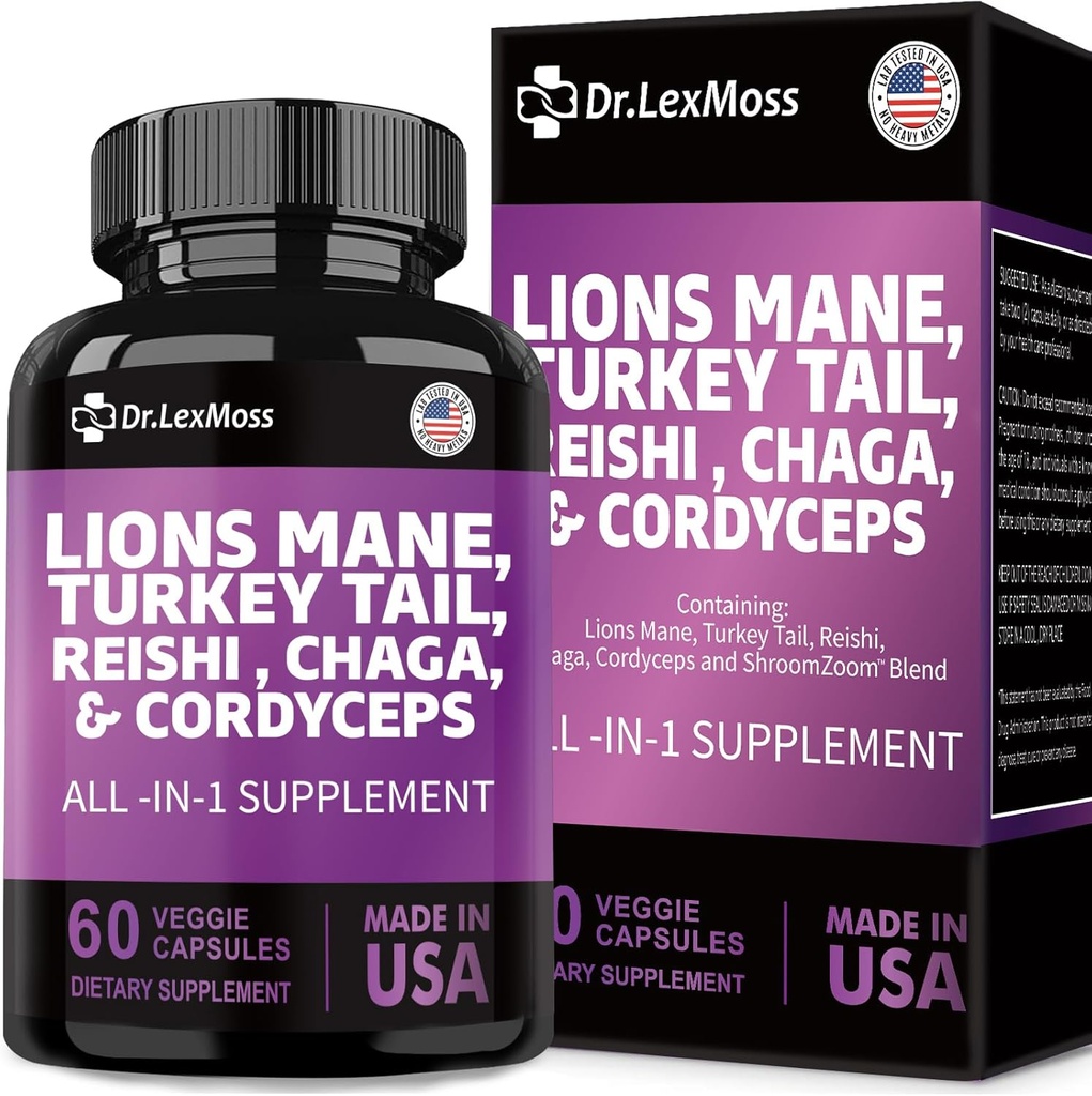 Lions Mane 3000mg, Turkey Tail 3000mg, Reshi 1000mg, Cordycps 10o0mg, Chaga 1000mg, Maitake Meshima Poria Cocos Shiitake Oyster Porcini Enoki with Mushroom Supplement, 60 Capsules