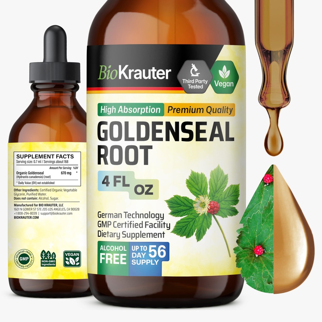 BIO KRAUTER Goldenseal Tincture - Vegan Lung Cleanse & Detox - Golden Seal Herb Supplement - Alkol & Sugar Free Drops - 4 Fl.Oz.