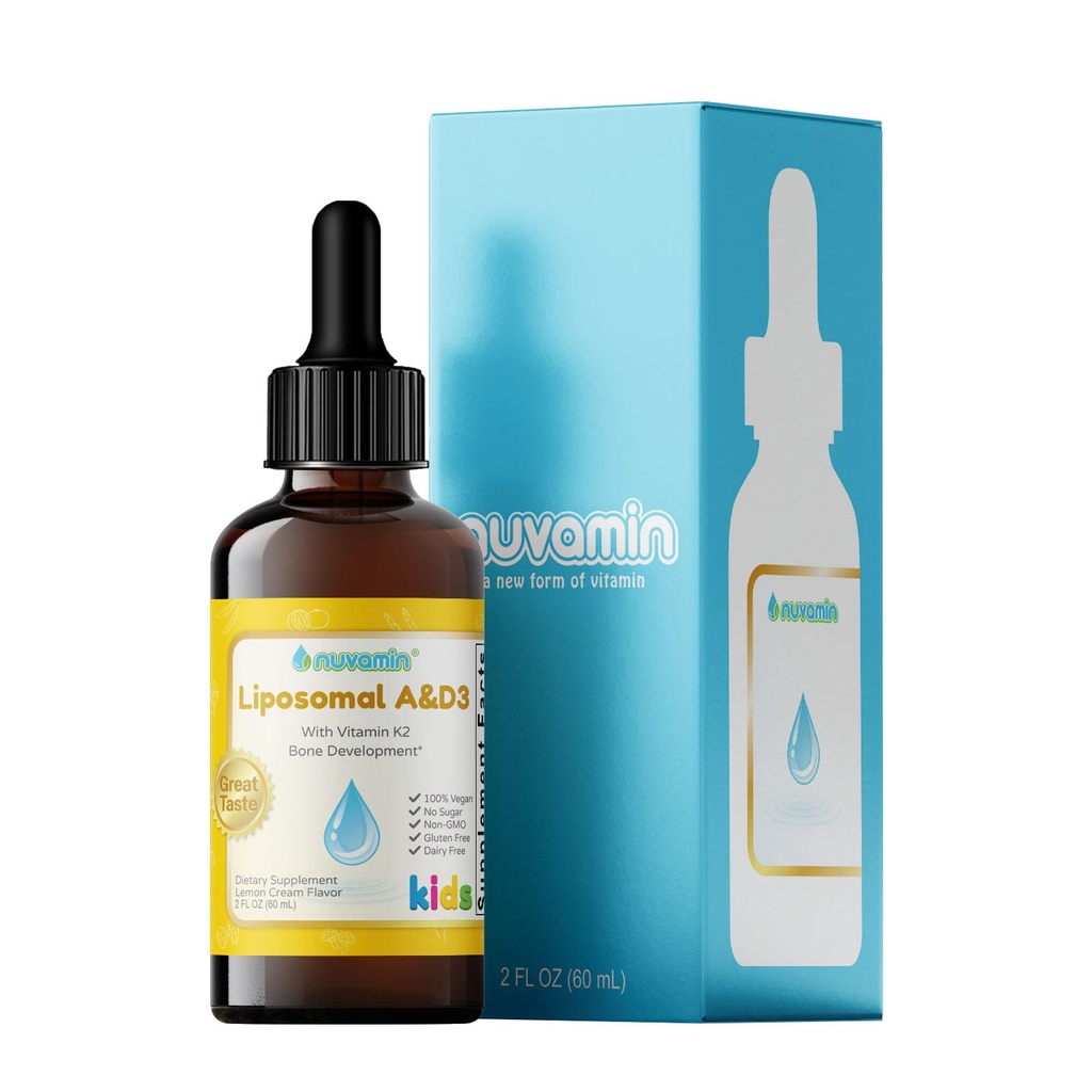 Nuvamin – Sıvı Liposomal Vitamin A & D3 Bebek Toddler Çocuklar ve Yetişkinler için K2 ile Düşüyor, 800 IU/mL, 2 Fl.Oz (60 ml), 120 Günlük Hizmet, Büyük Tadı - Tüm Doğal - Üstün Aborpsiyon, Limon Flavor