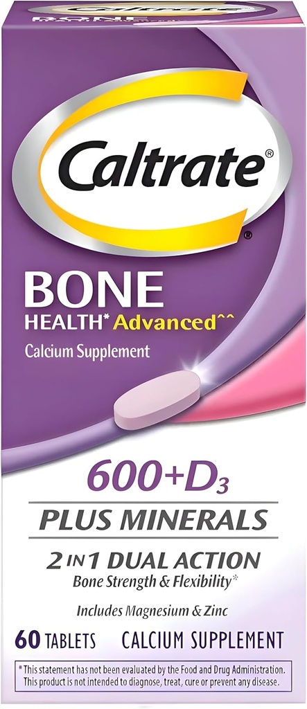 Caltrate 600+D3 Plus Minerals Calcium and Vitamin D Supplement Tablets, Bone Health and Mineral Supplement for Adults - 60 Count