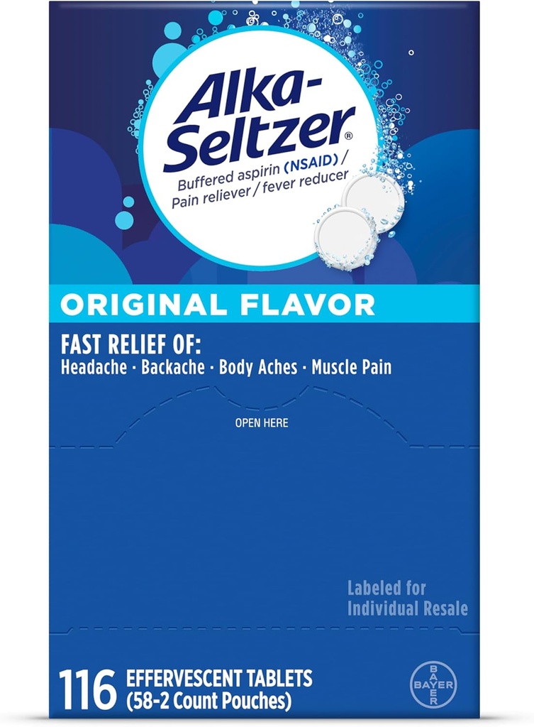Alka-Seltzer Effervescent Tabletleri Orijinal Flavor, Hızlı Çok-Symptom Relief from Headache and Body Ache, Dissolvable Effervescent Fizzy Tabletler, Ağrı Tankı Paketi, 116 Ctt