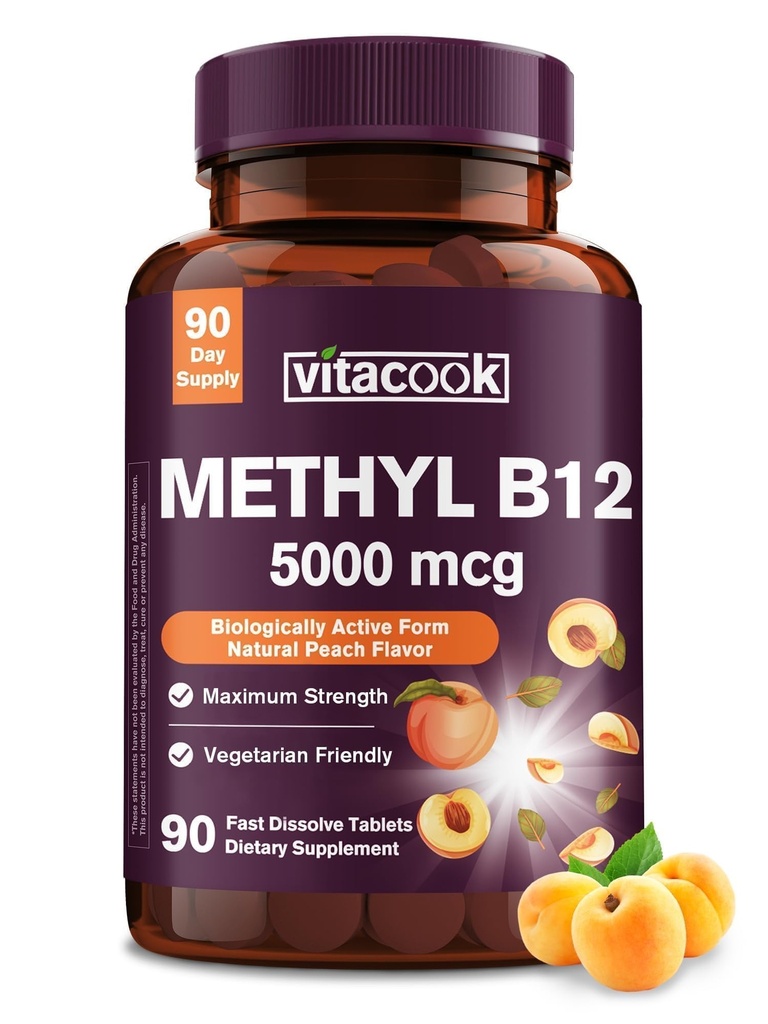 B12 Enerji Üretimi, Enerji, Nerve & Hücre Desteği, Doğal Peach Flavor, Vegan, Zero Sugar, 90 Hızlı Dissolve Tabletleri