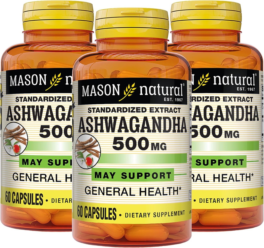 MASON NATURAL Ashwagandha 500 mg, Stres ve Enerji Desteği için Adaptogen, Herbal Supplement, 180 Day Supply