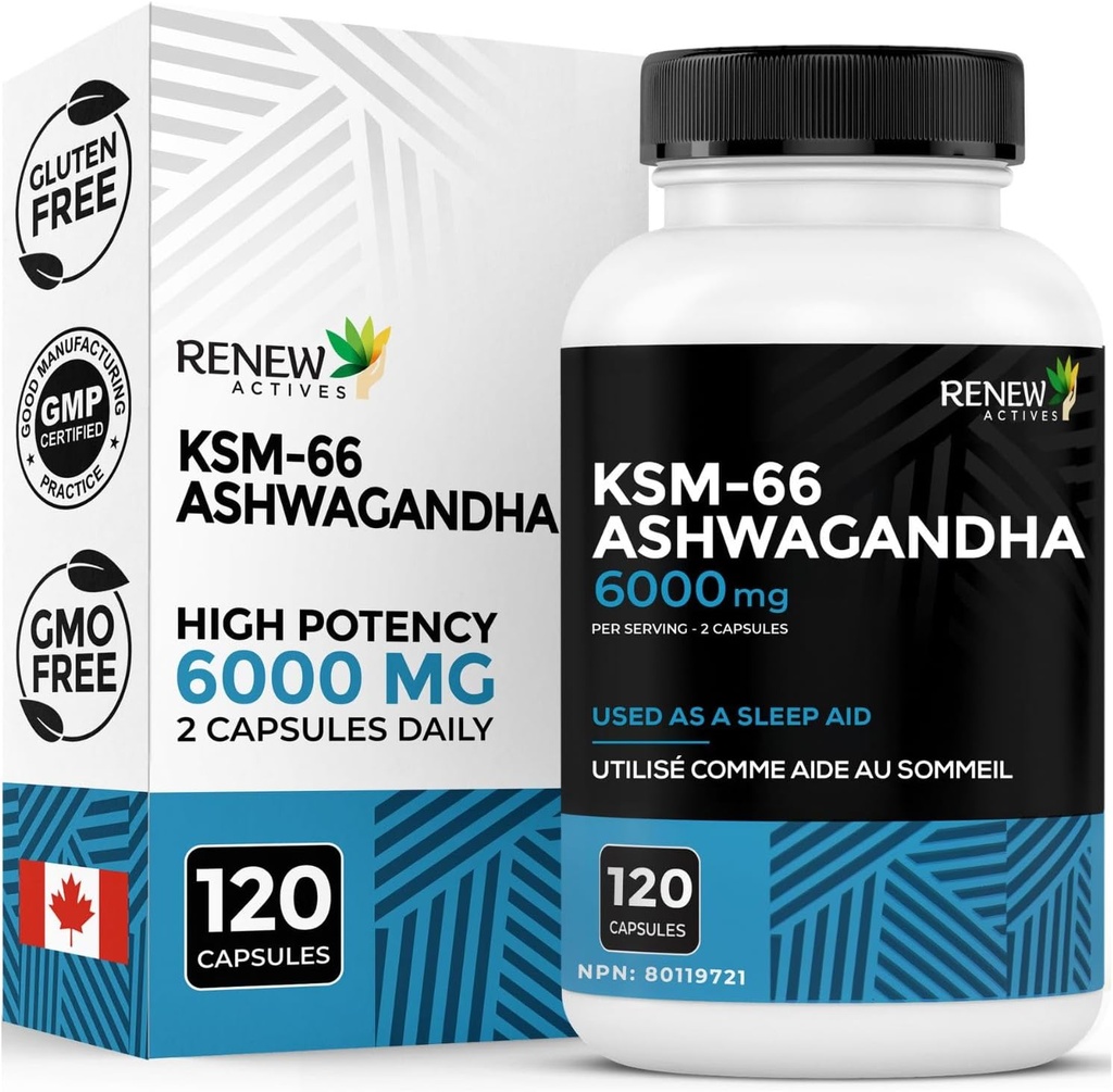 Renew Actives Ashwagandha KSM-66 Supplement 500MG, Black Pepper ile Üstün Absorpsiyon için servis başına - Focus & Mood Support to Art & Sleep Aid - Made in Canada - 120 Capsules