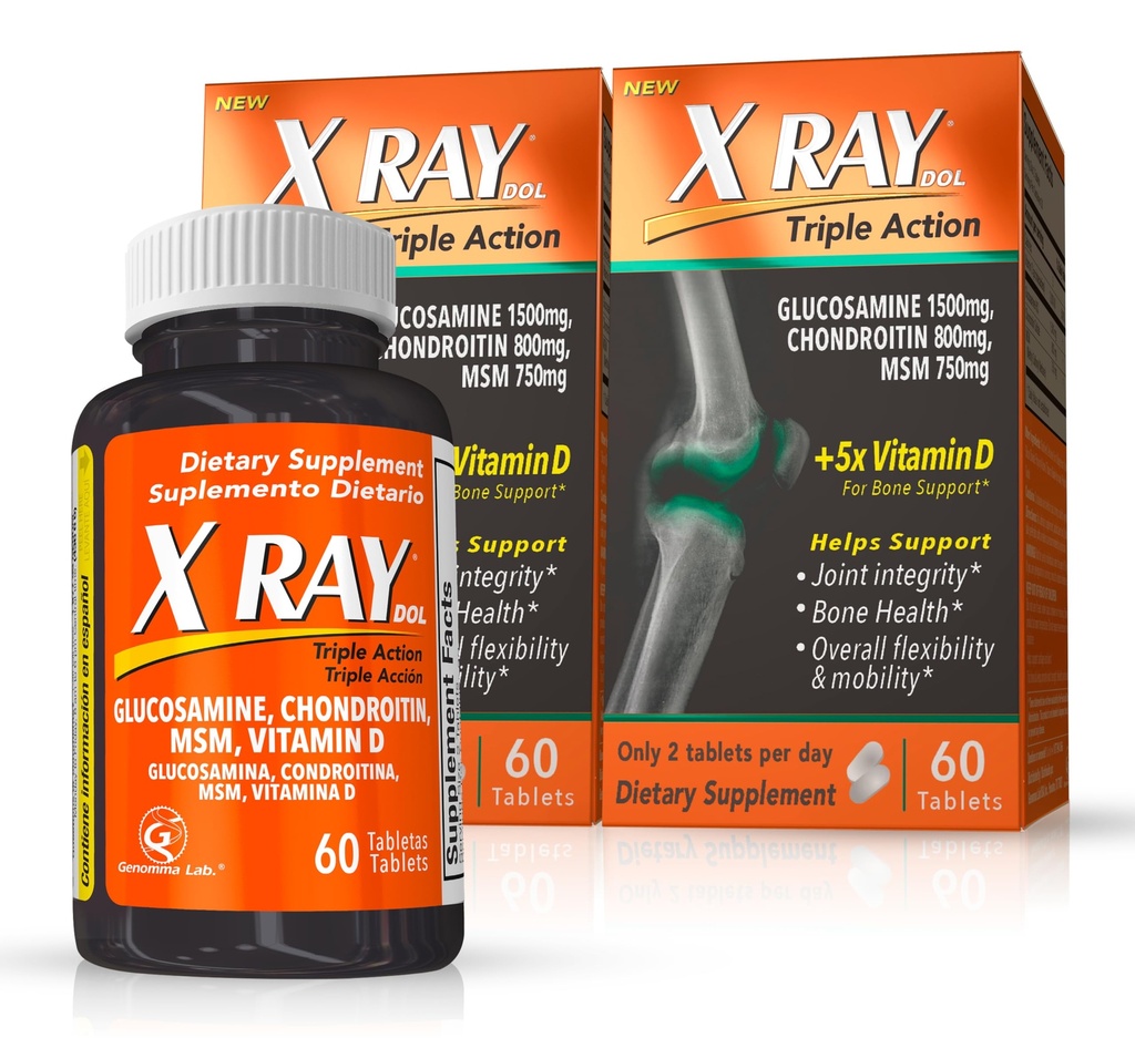 X Ray Dol Triple Action Joint Support Supplement with Glucosamine 1500 mg, Chondroitin 800 mg, MSM 750 mg ve 5X Vitamin D for Health Commons, Bones & Cartilage - 60 Kont Şişe - 2 Pack