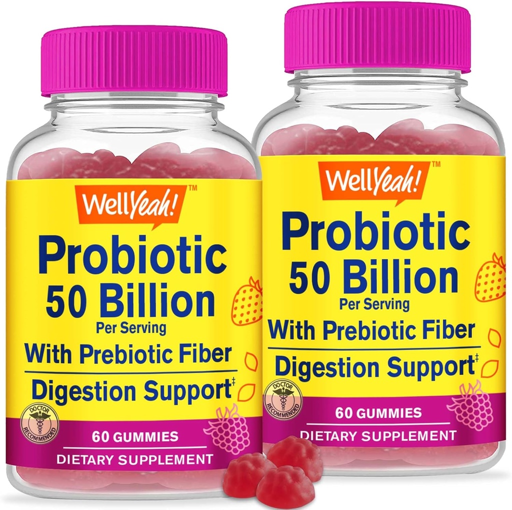 WellEvet (2 Pack 50 Milyar Probiyotiks + Erkekler ve Kadınlar için Prebiyotikler - Digestive Support, Gut Health, Immune Support Gummy - Probiyotikler for Digestive Health with 12 Strains - 60 Gummies - 60 Gummies - Digestive Support Gummy - Probiyotikler