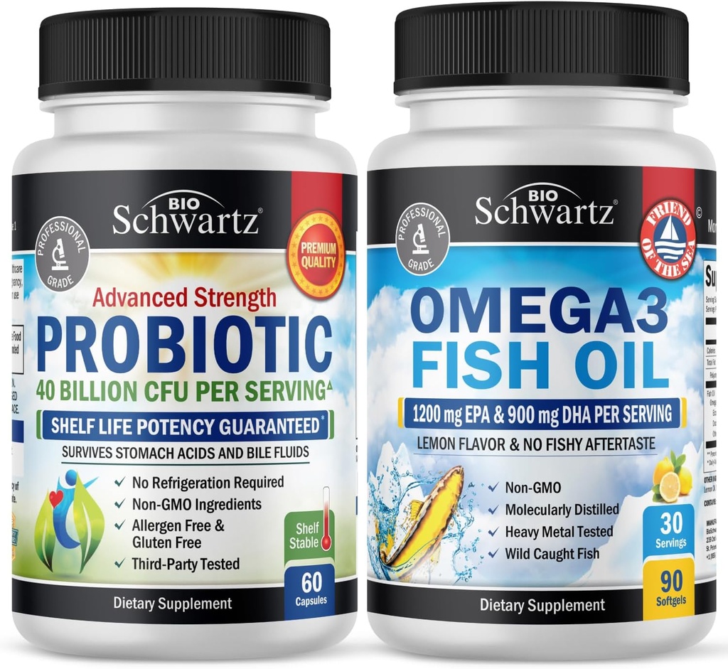 Triple Strength Omega 3 Fish Oil Softgels (1 Ay Supply) Plus 40 Milyar CFU Daily Probiyotik Supplement (1 Ay Supply)