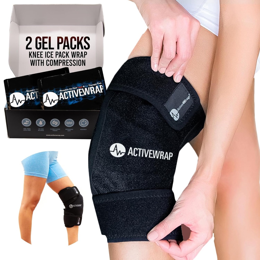 ActiveWrap - Knee Ice Pack Wrap with Compression, 2 Reusable Gel Heat & Cold Packs for Knee Pain, Sore Legs & Shin Splints. Flexible Cold Wrap for Injury and Swelling Control & Joint Support - One Size Fits Most