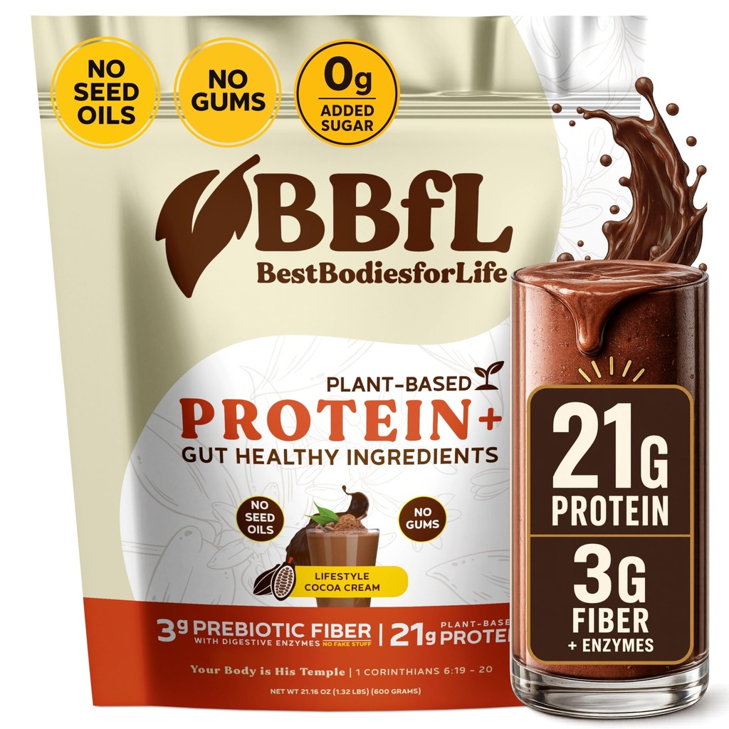 BBfL Plant-Based Protein Shake – 21g Vegan protein, Cocoa + Apple Cider Vinegar, Prebiyotiks, Digestive Enzymes, Supports Gut Health – All-in-One Shake for Women & Men (15 Servisler, Cocoa Cream)