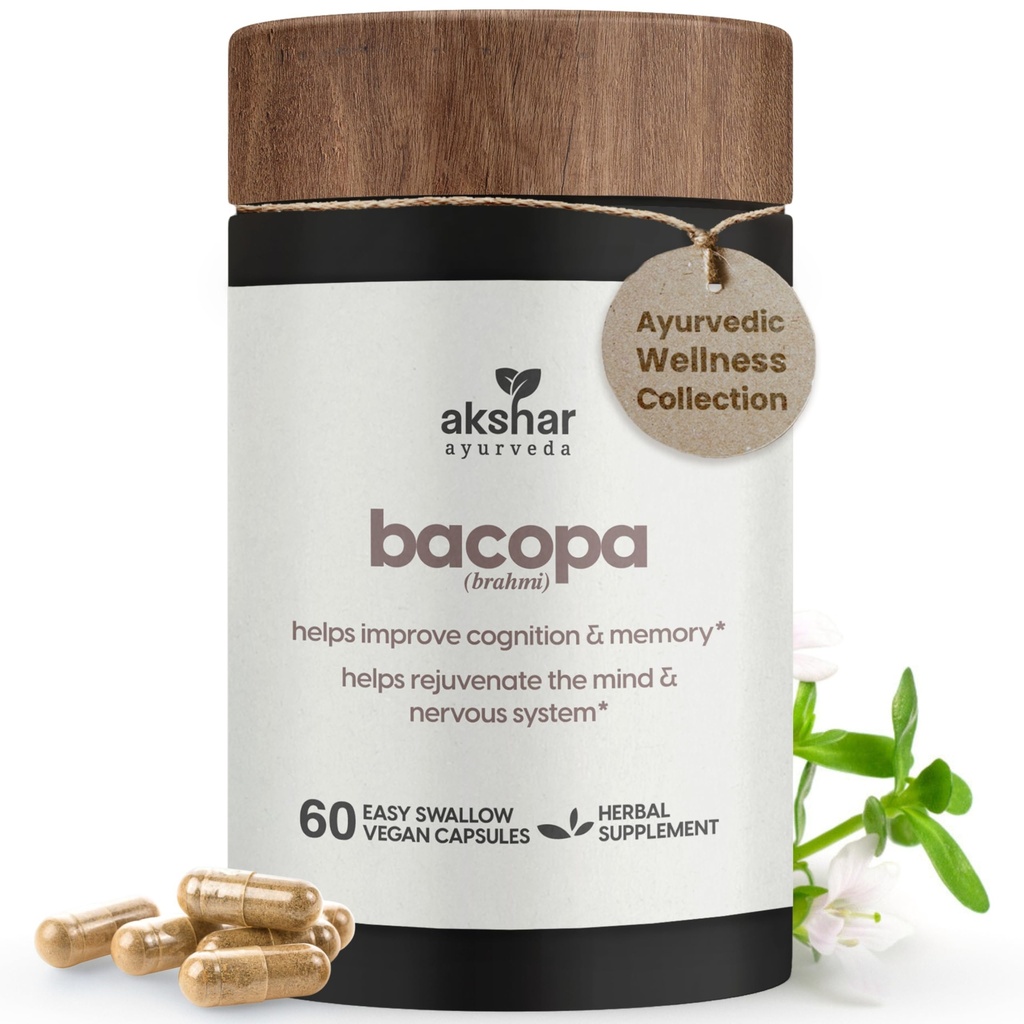 AKSHAR Ayurveda - Bacopa 500 mg Brahmi Supplement, Rejuvenate System, Bacopa Pills Yetişkinler için Bilişsel Fonksiyonlar, Vegan Cruelty Free Bacopa Monnieri (60 Kont)
