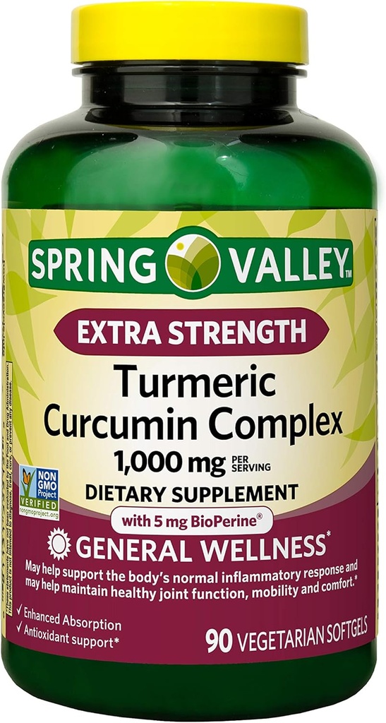 Spring Valley Ekstra Güçlü Turmeric Curcumin Kompleksi Yumuşak jeller Diyetsel Tamam, 1.000 mg, 90 Kont