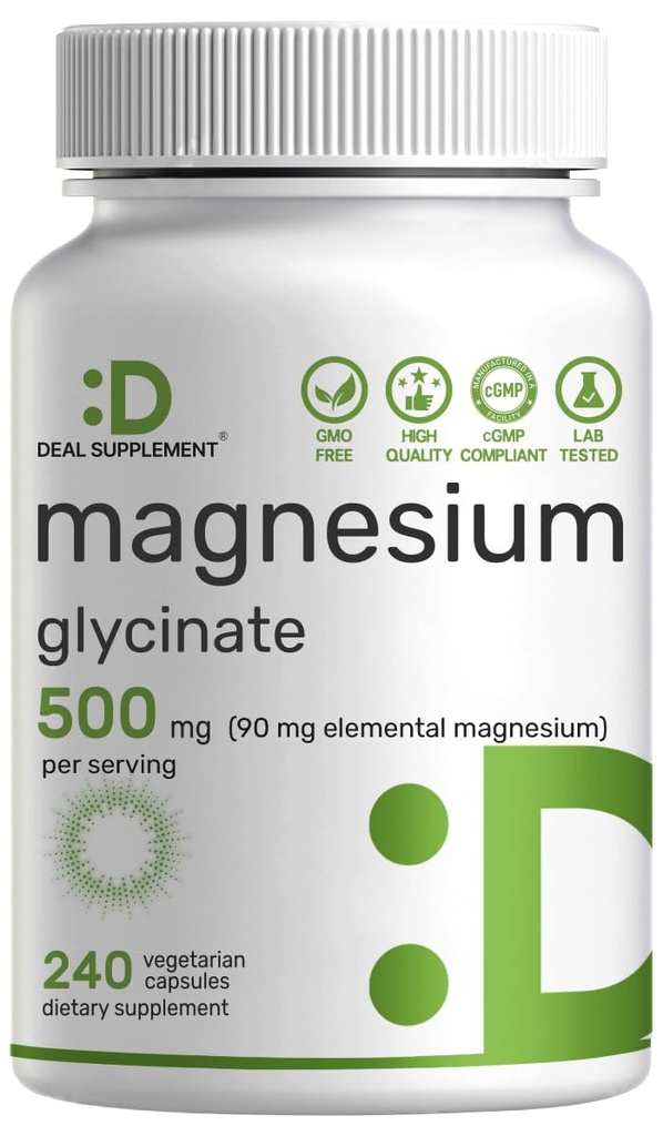 Magnezyum Glycinate 500 mg, 240 Veggie Capsules | 100% Chelated for Easy Abors | Essential Mineral Supplement for Muscle, Sleep, & Heart Health*