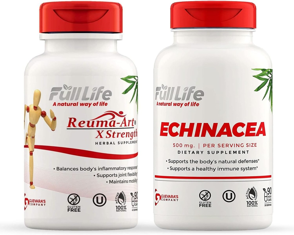 Full Life Reuma-Art X Strength and Echinacea Capsules - Ortak Destek Supplement - Echinacea Purpurea Ekstraksiyon - Kosher, Gluten-Free - 90 Veggie Capsules Her Şey