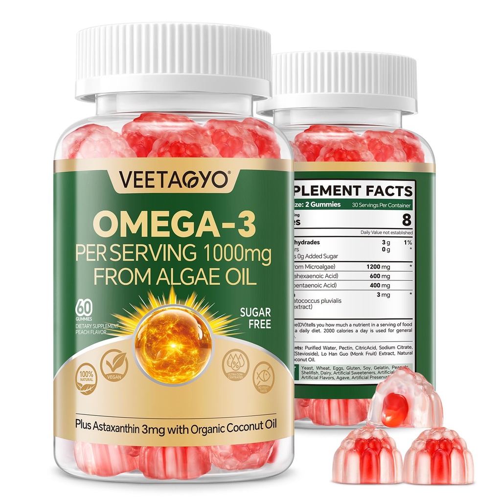 Vegan Omega 3 Gummies 1200 mg - Dual Katman - Fish Oil Alternative, Marine Algae Omega 3 Supplement DHA 600 mg, EPA 400 mg with Astaxanthin,Sugar Free,60 Cts