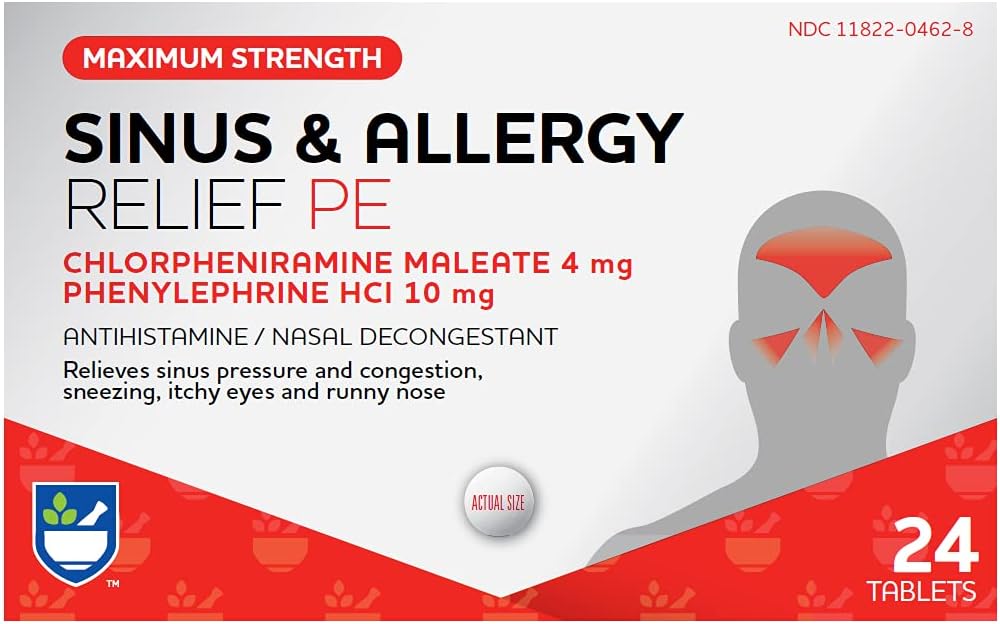 Rite Aid Sinus & Alerjiler PE Tabletleri, En Güçlü 24 Kont | Antihistamin ve Nasal Decongestant | 4 Saat Alerji ilaçları | Alerji ve Congestion Relief