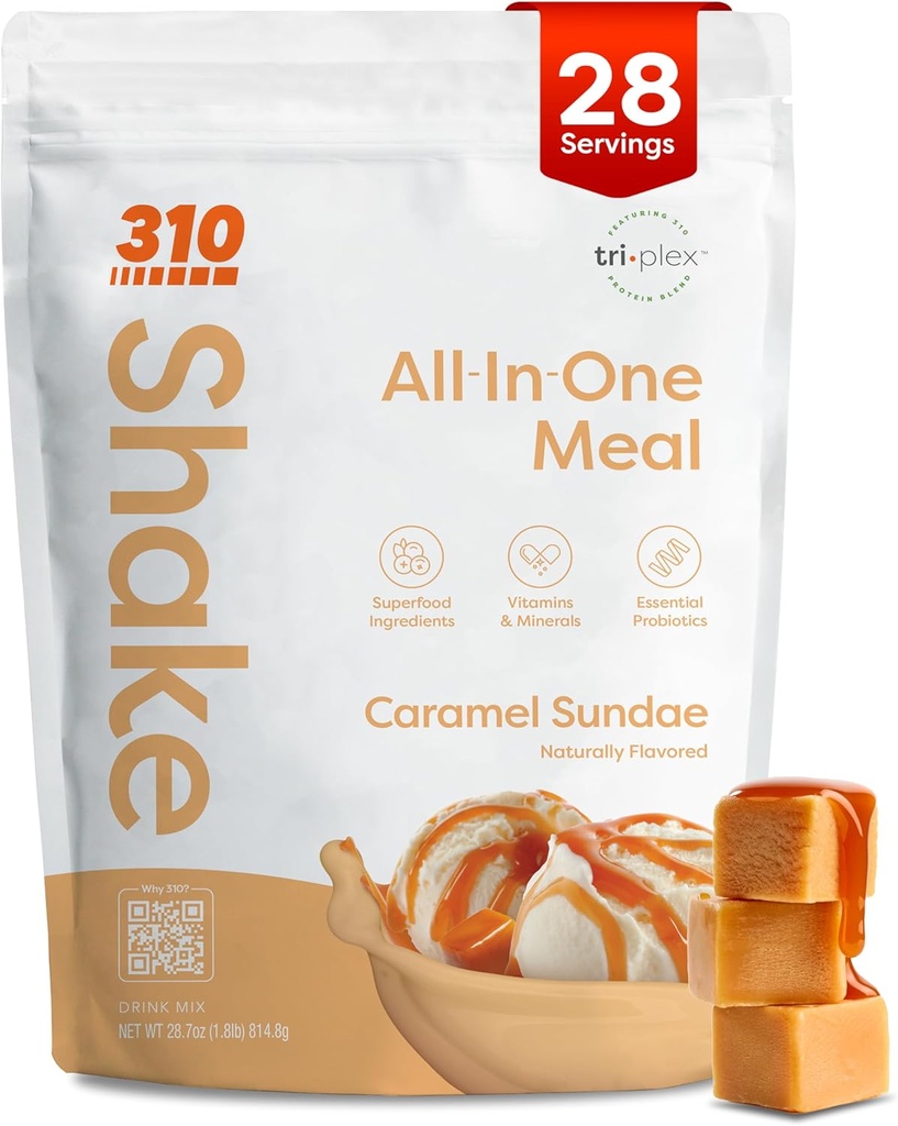 310 Beslenme All-In-One Meal Change Shake Toz - Plant-Based Protein Smoothie Blend w/High Fiber, Probiyotikler & Adaptogens - Low Carb, Vegan, Keto & Paleo Friendly - Caramel Sundae - 28 Srv