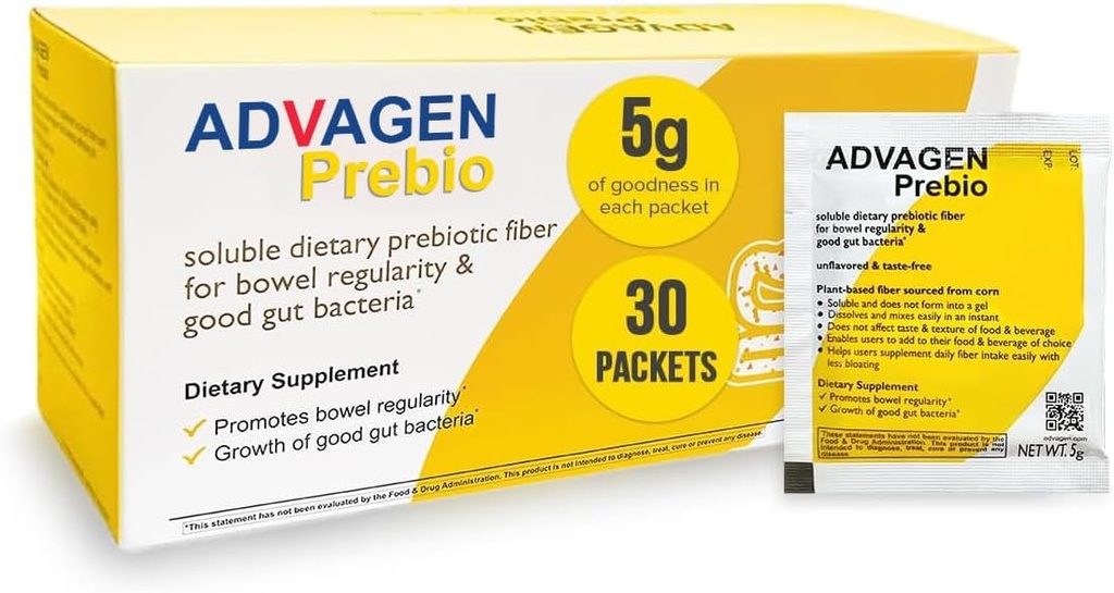 ADVAGEN, Prebio Fiber Supplement Powder Unflavored - Soluble Prebiotic Fiber Powder, Unflavored On The Go Packets, Non GMO Supports Gut Health, Bloating & Constipation Relief for Women Men 30 Servings