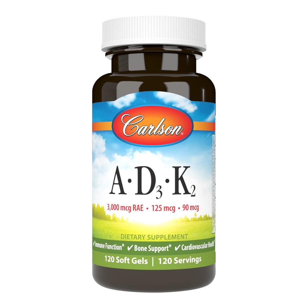 Carlson - Vitamins A, D3, K2, 3000 mcg RAE Vitamin A, 125 mcg Vitamin D3, 90 mcg Vitamin K2 as MK-7, Bone Building, Calcium Utilization, 120 Soft Gels